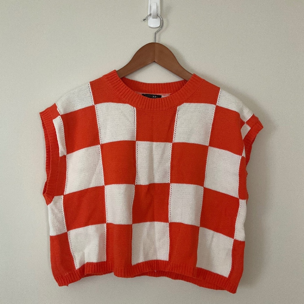 Cropped Orange and White Checkerboard Sweater